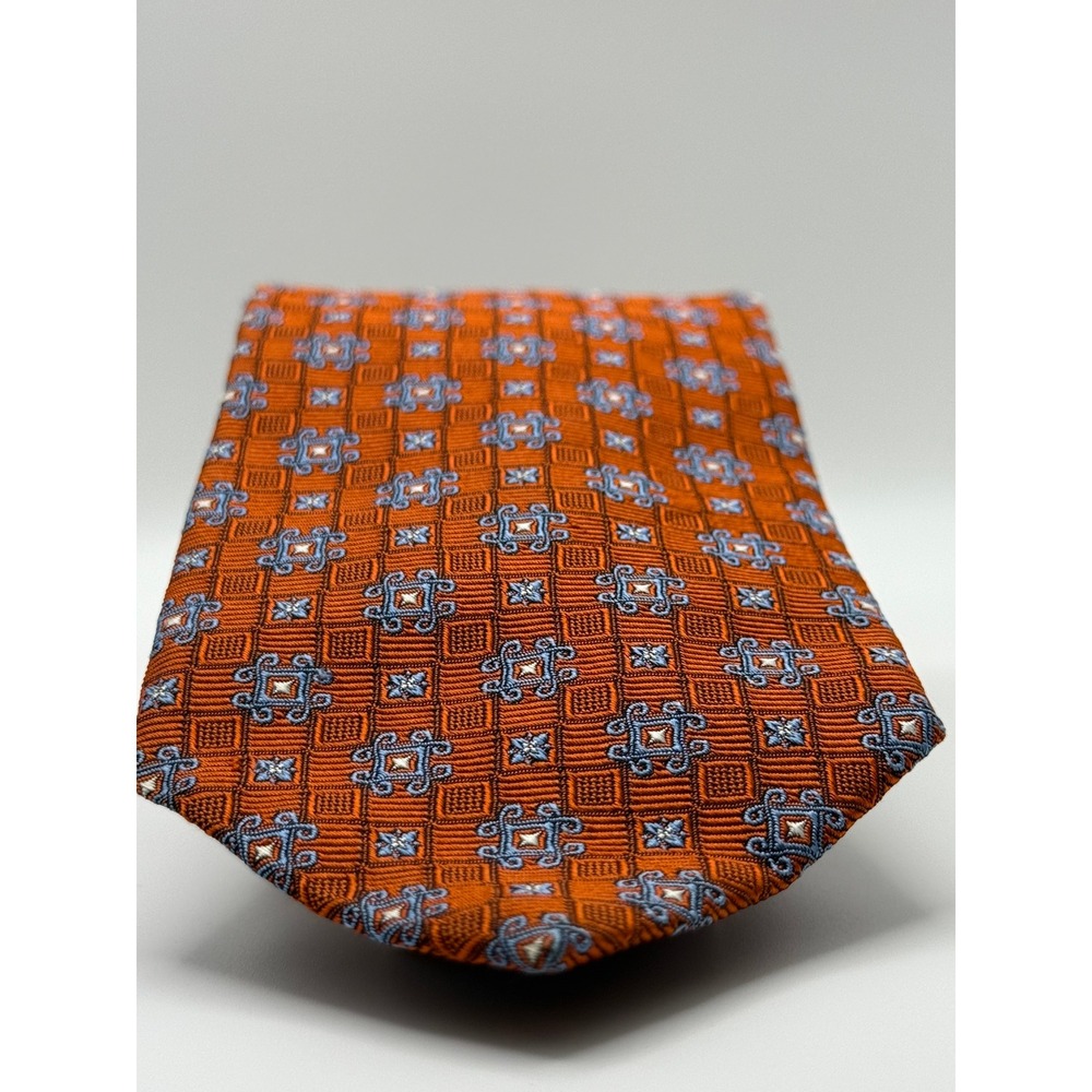 Brooks Brothers Tie 3.75" Orange Blue Geometric Medallion Preppy Business